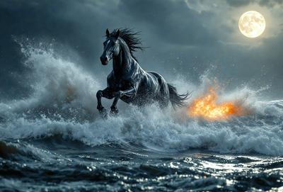 Primary subject: A horse running through the ocean waves.

Setting/background: The ocean, with waves and water.

Visual style: The image is a digital artwork.

Colors and mood: The image has a dark and dramatic mood, with the horse and the ocean waves being the main focus.