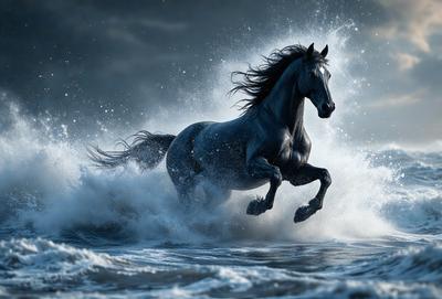 Primary subject: A horse running through the ocean.

Setting/background: The ocean, with waves and water.

Visual style: The image is a digital artwork.

Colors and mood: The image has a blue and white color scheme, with a sense of motion and energy.