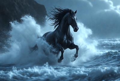 Primary subject: A horse running through the ocean waves.

Setting/background: The ocean, with waves and water.

Visual style: The image is a digital artwork.

Colors and mood: The image has a blue and white color scheme, with a sense of motion and energy.