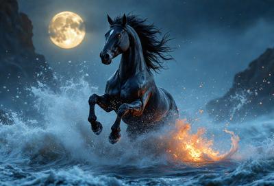 Primary subject: A horse running through the ocean at night.

Setting/background: The ocean at night, with a full moon in the background.

Visual style: The image is a digital artwork.

Colors and mood: The image has a dark and dramatic mood, with the horse and the ocean being the main focus. The full moon adds a sense of mystery and beauty to the scene.