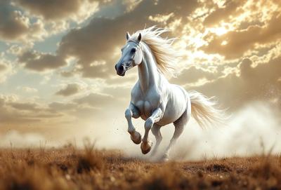 Primary subject: A white horse running in a field.

Setting/background: The horse is running in a field with a cloudy sky above.

Visual style: The image is a photo of the horse in motion.

Colors and mood: The dominant colors are white and brown, with a slightly cloudy atmosphere.