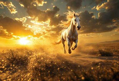 Primary subject: A white horse running in a field.

Setting/background: The horse is running through a field with clouds in the sky.

Visual style: The image is a digital artwork.

Colors and mood: The image has a warm and vibrant color palette, with the white horse standing out against the backdrop of the field and the clouds.