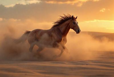 Primary subject: A brown horse running on the sand.

Setting/background: A sandy beach or desert environment.

Visual style: A photo of the horse running in the sand.

Colors and mood: The image has a warm and natural color palette, with the brown horse and the sandy background creating a sense of freedom and movement.