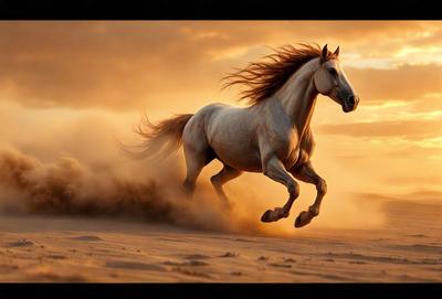 Primary subject: A white horse running on a sandy beach.

Setting/background: The horse is running on a sandy beach, with a cloudy sky in the background.

Visual style: The image is a photo of the horse running on the beach.

Colors and mood: The dominant colors are shades of brown and white, with a warm and energetic atmosphere.