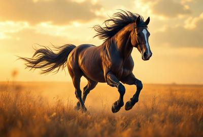 Primary subject: A brown horse running in a field.

Setting/background: The horse is running in a field with tall grass.

Visual style: The image is a photo of the horse in motion.

Colors and mood: The image has a warm and natural color palette, with the horse's brown color and the green grass in the field. The mood of the image is energetic and dynamic, as the horse is captured in motion.