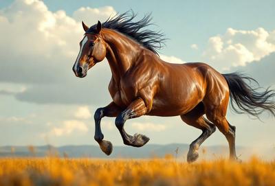 Primary subject: A brown horse running in a field.

Setting/background: The horse is running in a field with tall grass, and there are clouds in the sky.

Visual style: The image is a photo of the horse in motion.

Colors and mood: The dominant colors are brown and yellow, and the overall atmosphere is energetic and dynamic.