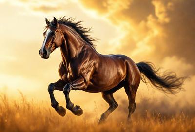 Primary subject: A brown horse running in a field.

Setting/background: The horse is running in a field with a yellow sky in the background.

Visual style: The image is a photo of the horse running in the field.

Colors and mood: The dominant colors are brown and yellow, creating a warm and energetic atmosphere.