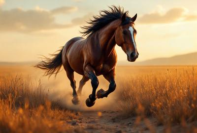 Primary subject: A brown horse running in a field.

Setting/background: The horse is running through a field with dry grass, and there is a mountain in the background.

Visual style: The image is a photo of the horse running in the field.

Colors and mood: The image has a warm and natural color palette, with the brown horse and the dry grass creating a sense of movement and freedom.