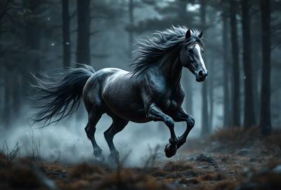 Primary subject: A horse running through a forest.

Setting/background: The horse is running through a forest with trees and grass.

Visual style: The image is a digital art or illustration of a horse running through the woods.

Colors and mood: The image has a dark and moody atmosphere, with the horse and the forest being the main focus.