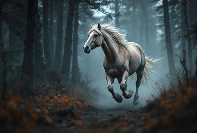 Primary subject: A horse running through a forest.

Setting/background: The horse is running through a forest with trees and leaves surrounding it.

Visual style: The image is a black and white photo.

Colors and mood: The dominant colors are black, white, and shades of brown from the forest. The overall atmosphere is dynamic and energetic, as the horse is captured in motion.