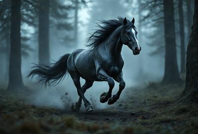Primary subject: A horse running through a forest.

Setting/background: The horse is running through a forest with trees in the background.

Visual style: The image is a black and white photo.

Colors and mood: The image has a dramatic and moody atmosphere, with the black and white color scheme adding to the intensity of the scene.
