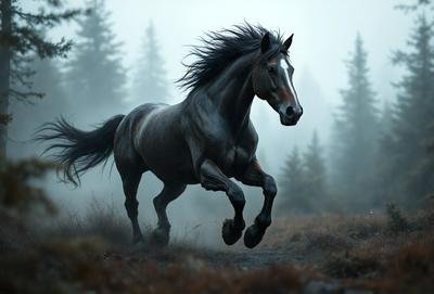 Primary subject: A horse running through a forest.

Setting/background: The horse is running through a forest with trees in the background.

Visual style: The image is a black and white photo.

Colors and mood: The image has a moody and dramatic atmosphere, with the black and white color scheme adding to the intensity of the scene.