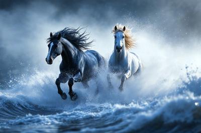The primary subject of the image is a pair of horses running through the ocean, with their manes flowing in the water. The setting is the ocean, and the visual style appears to be a photo. The horses are the main focus of the image, and their presence in the water creates a dynamic and powerful scene. The colors and mood of the image are dominated by the blue ocean and the white horses, which evoke a sense of freedom and energy.