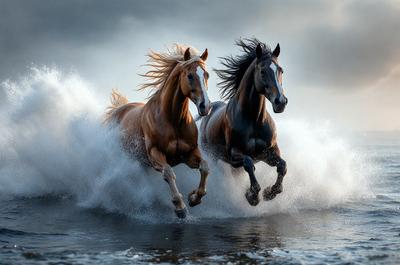 Primary subject: Two horses running through water.

Setting/background: The horses are running through a body of water, possibly a river or a lake.

Visual style: The image is a photo of the two horses in motion.

Colors and mood: The image has a vibrant and dynamic atmosphere, with the horses' movement and the water's flow creating a sense of energy and motion.