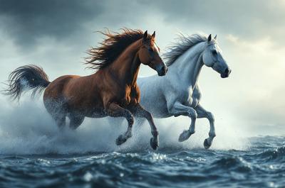 Primary subject: Two horses running through the water.

Setting/background: The horses are running through a body of water, possibly a river or a lake.

Visual style: The image is a digital art or illustration, featuring two horses with flowing manes and tails.

Colors and mood: The image has a vibrant and dynamic color palette, with the horses' coats and the water's surface being the main colors. The overall atmosphere is energetic and lively.
