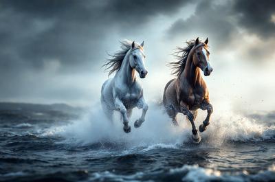 Primary subject: Two horses running through the water.

Setting/background: The horses are running through a body of water, possibly a river or a lake.

Visual style: The image is a photo of the two horses in motion.

Colors and mood: The image has a vibrant and dynamic atmosphere, with the horses' white and brown colors contrasting against the water.