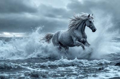 Primary subject: A white horse running through the ocean.

Setting/background: The ocean, with waves and water surrounding the horse.

Visual style: The image is a digital artwork, featuring a white horse in motion.

Colors and mood: The image has a blue and white color scheme, with the white horse standing out against the blue ocean. The overall atmosphere is dynamic and energetic, as the horse runs through the water.