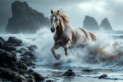Primary subject: A horse running through the ocean waves.

Setting/background: The ocean, with waves and rocks visible in the background.

Visual style: The image is a black and white photo.

Colors and mood: The mood of the image is dynamic and dramatic, with the horse's movement and the ocean waves creating a sense of motion and energy.