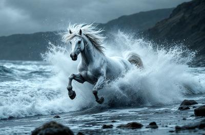 Primary subject: A white horse running through the ocean waves.

Setting/background: The ocean, with waves and rocks visible in the background.

Visual style: The image is a photo of the horse running through the ocean waves.

Colors and mood: The image has a black and white color scheme, giving it a classic and timeless feel. The mood of the image is energetic and dynamic, as the horse is captured in motion, running through the ocean waves.