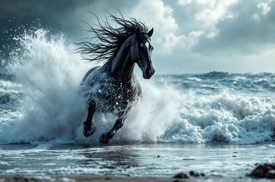 Primary subject: A horse running through the ocean waves.

Setting/background: The ocean, with waves and water surrounding the horse.

Visual style: The image is a black and white photo.

Colors and mood: The mood of the image is dramatic and intense, with the horse and ocean waves creating a powerful scene.