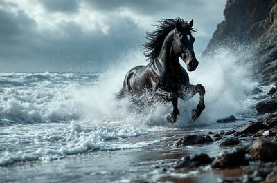 Primary subject: A black horse running through the ocean waves.

Setting/background: The ocean, with waves and water splashing around the horse.

Visual style: The image is a photo of the horse running through the ocean waves.

Colors and mood: The image has a black and white color scheme, giving it a classic and timeless feel. The mood of the image is energetic and dynamic, as the horse is running through the ocean waves.