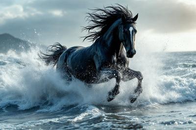 Primary subject: A horse running through the ocean.

Setting/background: The ocean, with waves and water.

Visual style: The image is a photo of the horse running through the ocean.

Colors and mood: The image has a black and white color scheme, giving it a classic and timeless feel. The horse's movement and the ocean's waves create a sense of energy and freedom.