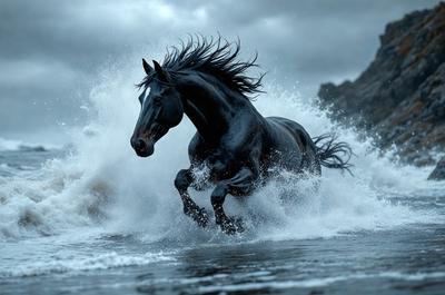 Primary subject: A black horse running through the ocean waves.

Setting/background: The ocean, with waves and water surrounding the horse.

Visual style: The image is a photo of the horse running through the ocean waves.

Colors and mood: The dominant colors are blue and white, with the ocean waves and the black horse. The overall atmosphere is dynamic and energetic, as the horse is running through the water.