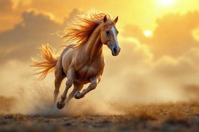 Primary subject: A horse running in the dirt.

Setting/background: A field with dirt and clouds in the background.

Visual style: A photo of the horse running.

Colors and mood: The image is in color, and the horse appears to be running in the sunlight, creating a warm and energetic atmosphere.