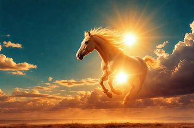 Primary subject: A white horse with a flowing mane, flying through the air.

Setting/background: The horse is flying through a cloudy sky, with a sunny background.

Visual style: The image is a digital art or illustration, featuring a white horse with a flowing mane.

Colors and mood: The dominant colors are white and sunny, creating a bright and lively atmosphere.