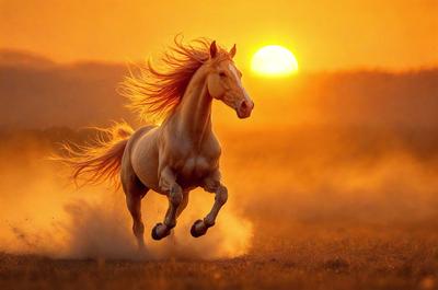 Primary subject: A horse running in the sunset.

Setting/background: The horse is running in a field with a sunset in the background.

Visual style: The image is a photo of the horse running in the field.

Colors and mood: The dominant colors are orange and yellow, creating a warm and serene atmosphere.