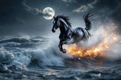 Primary subject: A black horse running through the ocean waves.

Setting/background: The ocean with waves and a moon in the background.

Visual style: Digital art.

Colors and mood: The image is in black and white, giving it a dramatic and moody atmosphere.