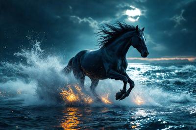 Primary subject: A horse running through the ocean.

Setting/background: The ocean, with waves and a dark sky.

Visual style: Digital art.

Colors and mood: The image is in black and white, giving it a dramatic and moody atmosphere.