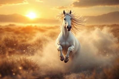 Primary subject: A white horse running in the dirt.

Setting/background: The horse is running in a field with a sunset in the background.

Visual style: The image is a photo of the horse in motion.

Colors and mood: The dominant colors are orange and yellow from the sunset, creating a warm and vibrant atmosphere.