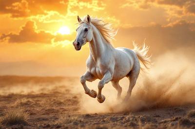Primary subject: A white horse running in the dirt.

Setting/background: The horse is running in a dirt field, with a sunset in the background.

Visual style: The image is a photo of the horse running in the dirt.

Colors and mood: The dominant colors are orange and yellow, creating a warm and vibrant atmosphere. The horse's white color contrasts with the dirt and sunset, adding a sense of motion and energy to the scene.