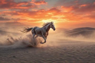 Primary subject: A white horse running on a sandy beach.

Setting/background: The horse is running on a sandy beach, with a sunset in the background.

Visual style: The image is a photo of the horse running on the beach.

Colors and mood: The dominant colors are orange and yellow, creating a warm and vibrant atmosphere. The sunset adds a sense of tranquility and beauty to the scene.