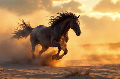 Primary subject: A horse running on a sandy surface.

Setting/background: The horse is running on a sandy beach or desert-like environment.

Visual style: The image is a photo of the horse in motion.

Colors and mood: The image has a warm and natural color palette, with the horse's coat and the sandy surface creating a sense of movement and freedom.