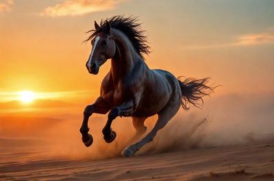 Primary subject: A brown horse running on a sandy surface.

Setting/background: The horse is running on a sandy beach or desert-like environment.

Visual style: The image is a photo of the horse in motion.

Colors and mood: The dominant colors are brown and orange, with a warm and natural atmosphere.
