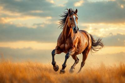 Primary subject: A brown horse running in a field.

Setting/background: The horse is running in a field with dry grass, and there are clouds in the sky.

Visual style: The image is a photo of the horse in motion.

Colors and mood: The dominant colors are brown and yellow, with a warm and natural atmosphere.