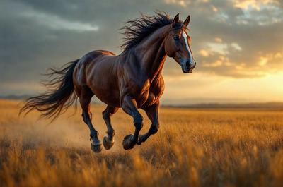 Primary subject: A brown horse running in a field.

Setting/background: The horse is running in a field with tall grass, and there are clouds in the sky.

Visual style: The image is a photo of the horse running in the field.

Colors and mood: The dominant colors are brown and yellow, and the overall atmosphere is energetic and dynamic.