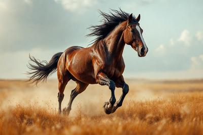 Primary subject: A brown horse running in a field.

Setting/background: The horse is running in a field with dry grass, and there are clouds in the sky.

Visual style: The image is a photo of the horse in motion.

Colors and mood: The dominant colors are brown and yellow, with a slightly dusty and dry atmosphere.
