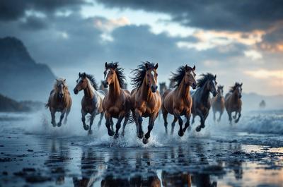 Primary subject: Horses running in the water.
Setting/background: A beach with water.
Visual style: A photo of the horses running in the water.
Colors and mood: The image is in black and white, giving it a classic and timeless feel.