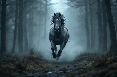 Primary subject: A horse running through a forest.

Setting/background: The horse is running through a forest with trees and dirt.

Visual style: The image is a photo of the horse running through the forest.

Colors and mood: The image has a black and white color scheme, giving it a dramatic and moody atmosphere.