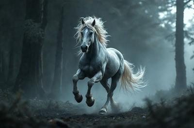 Primary subject: A white horse with blonde hair running through a forest.

Setting/background: The horse is running through a forest, surrounded by trees and dirt.

Visual style: The image is a photo of the horse in motion.

Colors and mood: The photo is in black and white, giving it a classic and timeless feel. The horse's blonde mane and white body stand out against the darker forest background, creating a sense of motion and energy.