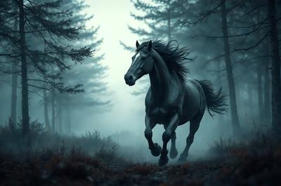 Primary subject: A horse running through a forest.

Setting/background: The horse is running through a forest with trees and fog.

Visual style: The image is a black and white photo.

Colors and mood: The dominant colors are black, white, and shades of gray. The overall atmosphere is dramatic and moody.