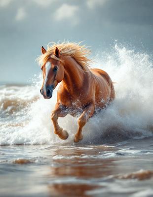 Primary subject: A brown horse running through the ocean waves.

Setting/background: The ocean, with waves and water surrounding the horse.

Visual style: The image is a photo of the horse running through the ocean waves.

Colors and mood: The dominant colors are brown and blue, with the ocean waves adding a sense of motion and energy to the scene. The overall atmosphere is dynamic and exciting.