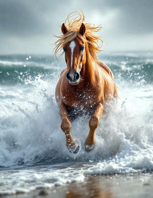 Primary subject: A brown horse with blonde mane running through the ocean waves.

Setting/background: The ocean with waves and water.

Visual style: The image is a photo of the horse running through the ocean waves.

Colors and mood: The image has a vibrant and energetic mood, with the brown horse and the blue ocean creating a striking contrast.