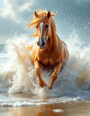 Primary subject: A brown horse with blonde hair running through the ocean.

Setting/background: The ocean, with waves and water splashing around the horse.

Visual style: The image is a photo of the horse in motion.

Colors and mood: The horse has a blonde mane, and the ocean is blue and white, creating a dynamic and energetic atmosphere.