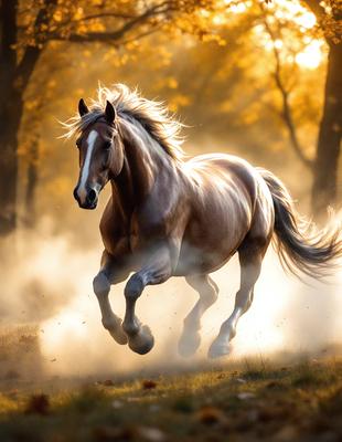 Primary subject: A brown horse running through a field.

Setting/background: The horse is running through a grassy field with trees in the background.

Visual style: The image is a photo of the horse in motion.

Colors and mood: The photo has a warm and natural color palette, with the horse's brown color and the green grass creating a sense of movement and freedom.
