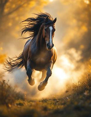 Primary subject: A brown horse with a white face running through a field.

Setting/background: The horse is running through a field with trees in the background.

Visual style: The image is a photo of the horse in motion.

Colors and mood: The dominant colors are brown and white, with a warm and energetic atmosphere.