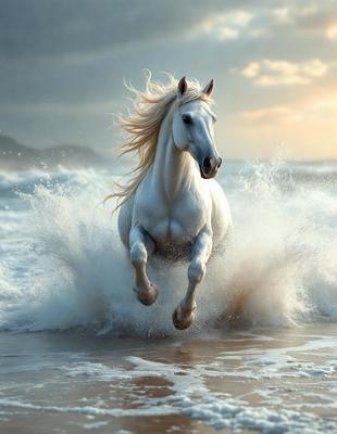 Primary subject: A white horse running through the ocean waves.

Setting/background: The ocean, with waves and water surrounding the horse.

Visual style: The image is a photo of the horse running through the ocean waves.

Colors and mood: The dominant colors are white and blue, with the ocean waves adding a splash of color. The overall atmosphere is energetic and dynamic, as the horse is captured in motion.